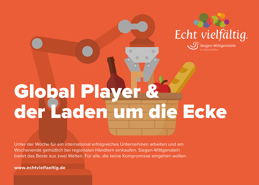 Das Bild zeigt eine Illustration auf orangenem Grund. Man sieht einen Roboterarm, der einen Korb mit Essen und Trinken in die Höhe hält. Darüber die Überschrift in weiß: „Global Player und der Laden um die Ecke“. Oben links in der Ecke das „Echt vielfältig“-Logo.
