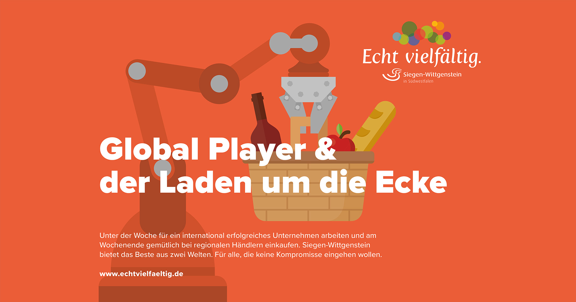 Das Bild zeigt eine Illustration auf orangenem Grund. Man sieht einen Roboterarm, der einen Korb mit Essen und Trinken in die Höhe hält. Darüber die Überschrift in weiß: „Global Player und der Laden um die Ecke“. Oben links in der Ecke das „Echt vielfältig“-Logo.