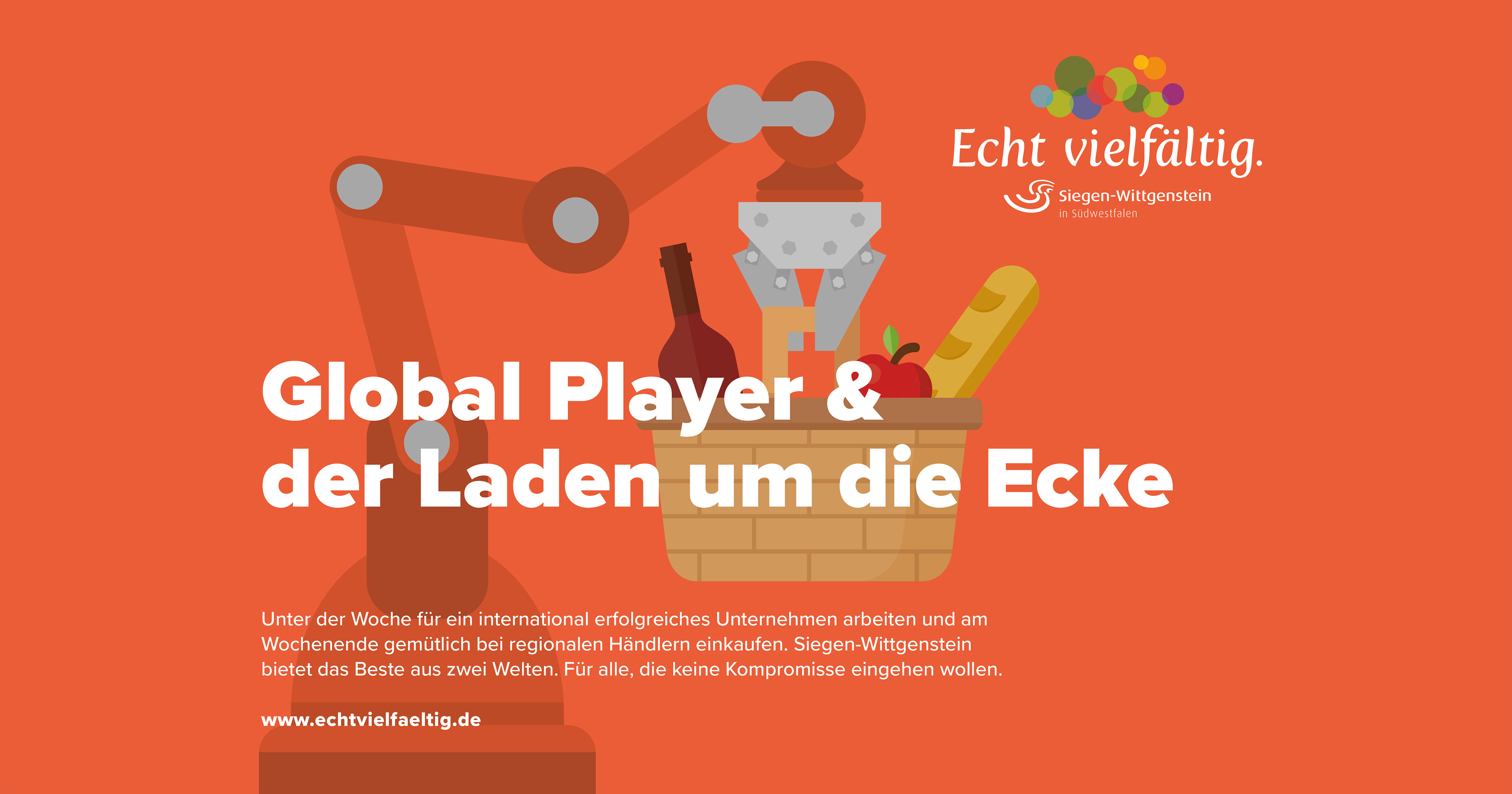 Das Bild zeigt eine Illustration auf orangenem Grund. Man sieht einen Roboterarm, der einen Korb mit Essen und Trinken in die Höhe hält. Darüber die Überschrift in weiß: „Global Player und der Laden um die Ecke“. Oben links in der Ecke das „Echt vielfältig“-Logo.