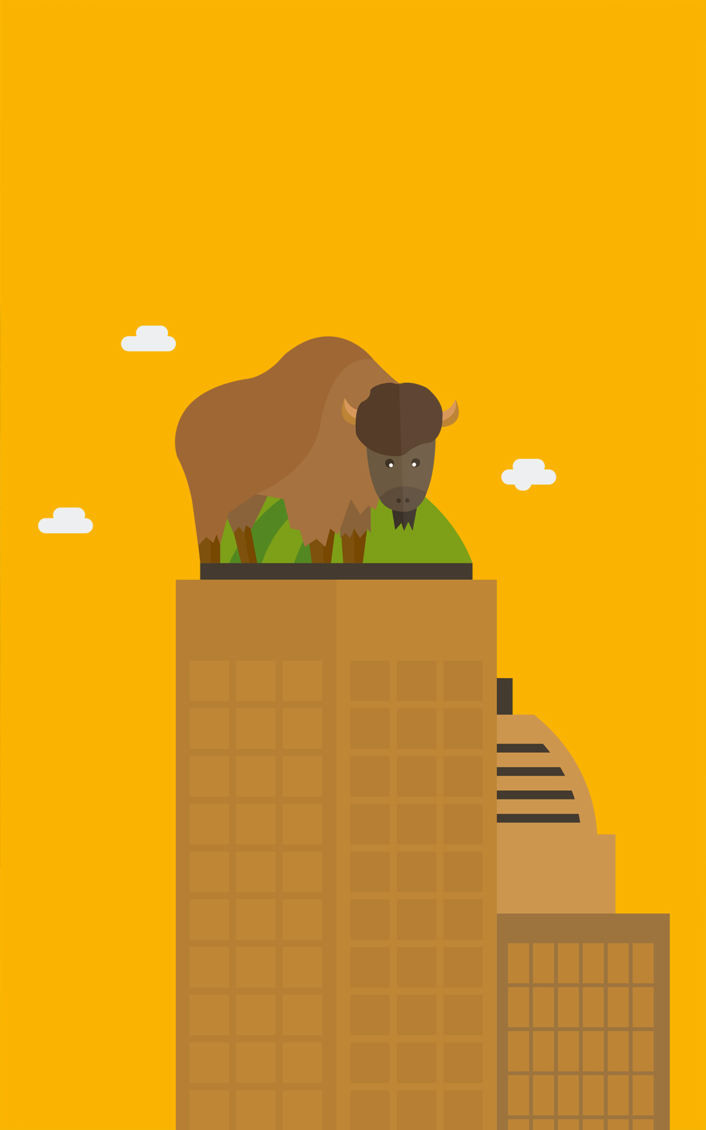 Das Bild zeigt eine Illustration auf gelbem Grund. Man sieht ein Wisent, das auf einem Hochhaus steht.