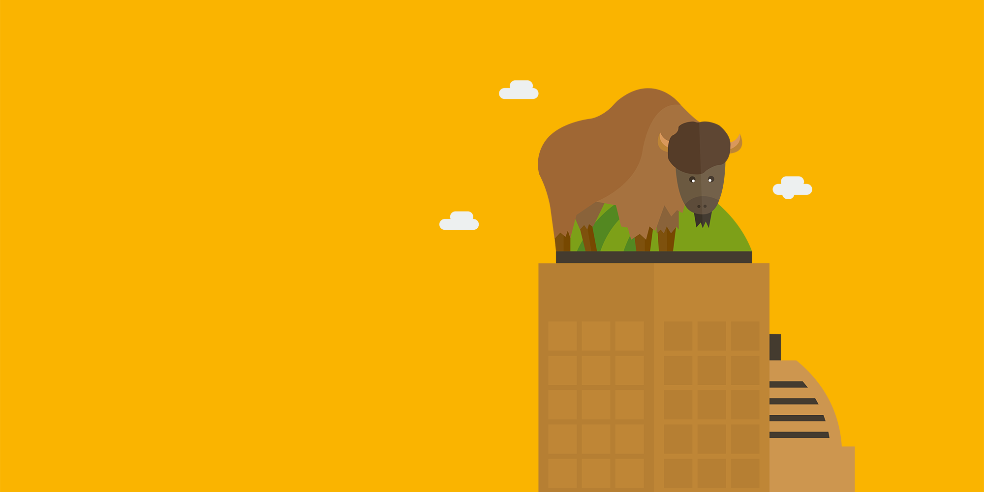 Das Bild zeigt eine Illustration auf gelbem Grund. Man sieht ein Wisent, das auf einem Hochhaus steht.