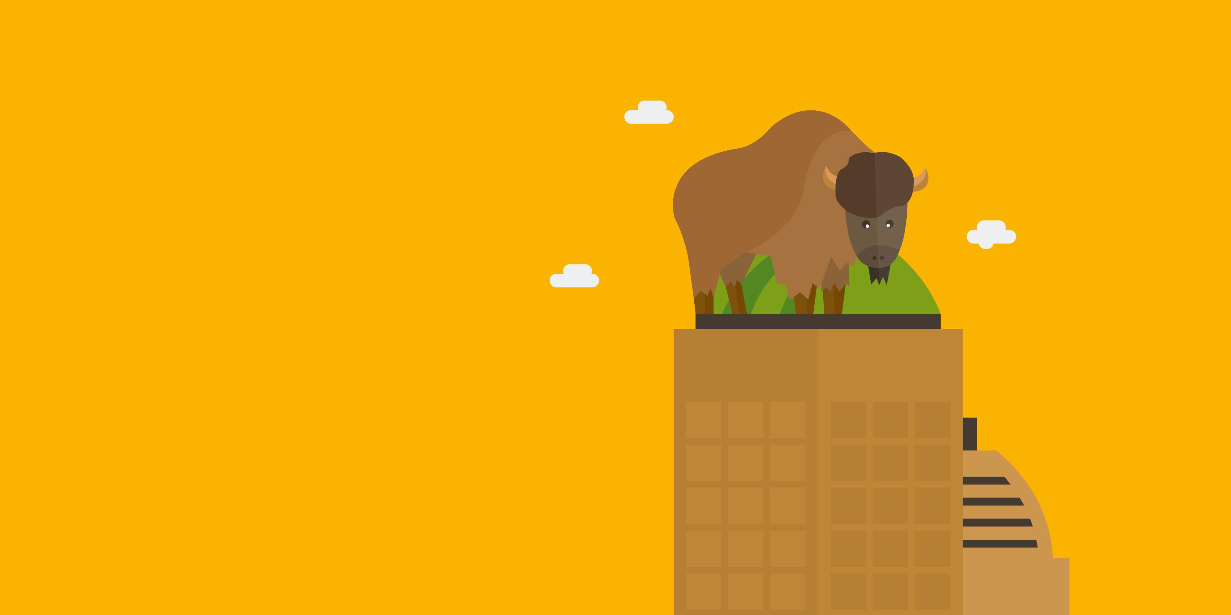Das Bild zeigt eine Illustration auf gelbem Grund. Man sieht ein Wisent, das auf einem Hochhaus steht.