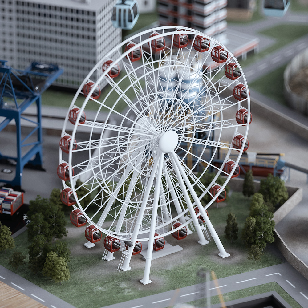 Das Bild zeigt ein 3D Rendering eines Riesenrades in einer fotorealistischen Umgebung.