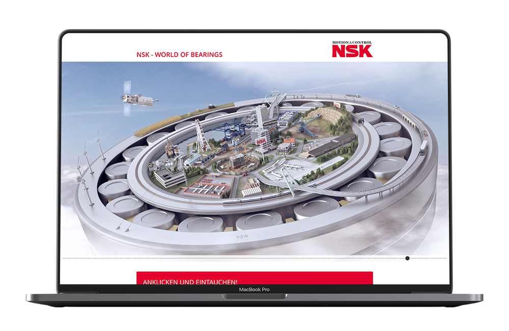 Das Bild zeigt einen Laptopmonitor. Darauf zu sehen ist der Header der WOB-Website. Man erkennt ein Kugellager als 3D Animation, das die Basis für eine Welt darstellt. Man erkennt eine Stadt, eine Autobahn, einen Acker, Windräder und einen Satelliten, der die Kugellagerwelt umkreist.