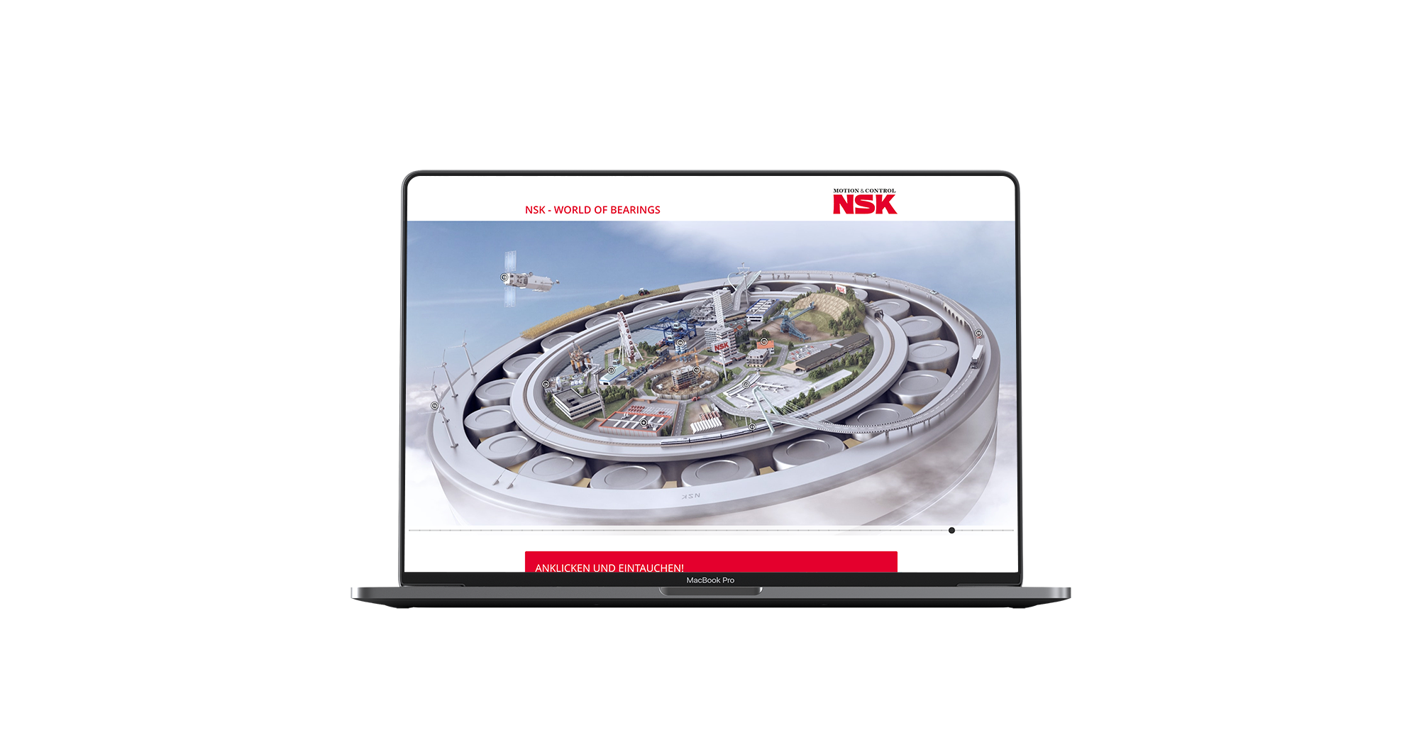 Das Bild zeigt einen Laptopmonitor. Darauf zu sehen ist der Header der WOB-Website. Man erkennt ein Kugellager als 3D Animation, das die Basis für eine Welt darstellt. Man erkennt eine Stadt, eine Autobahn, einen Acker, Windräder und einen Satelliten, der die Kugellagerwelt umkreist.