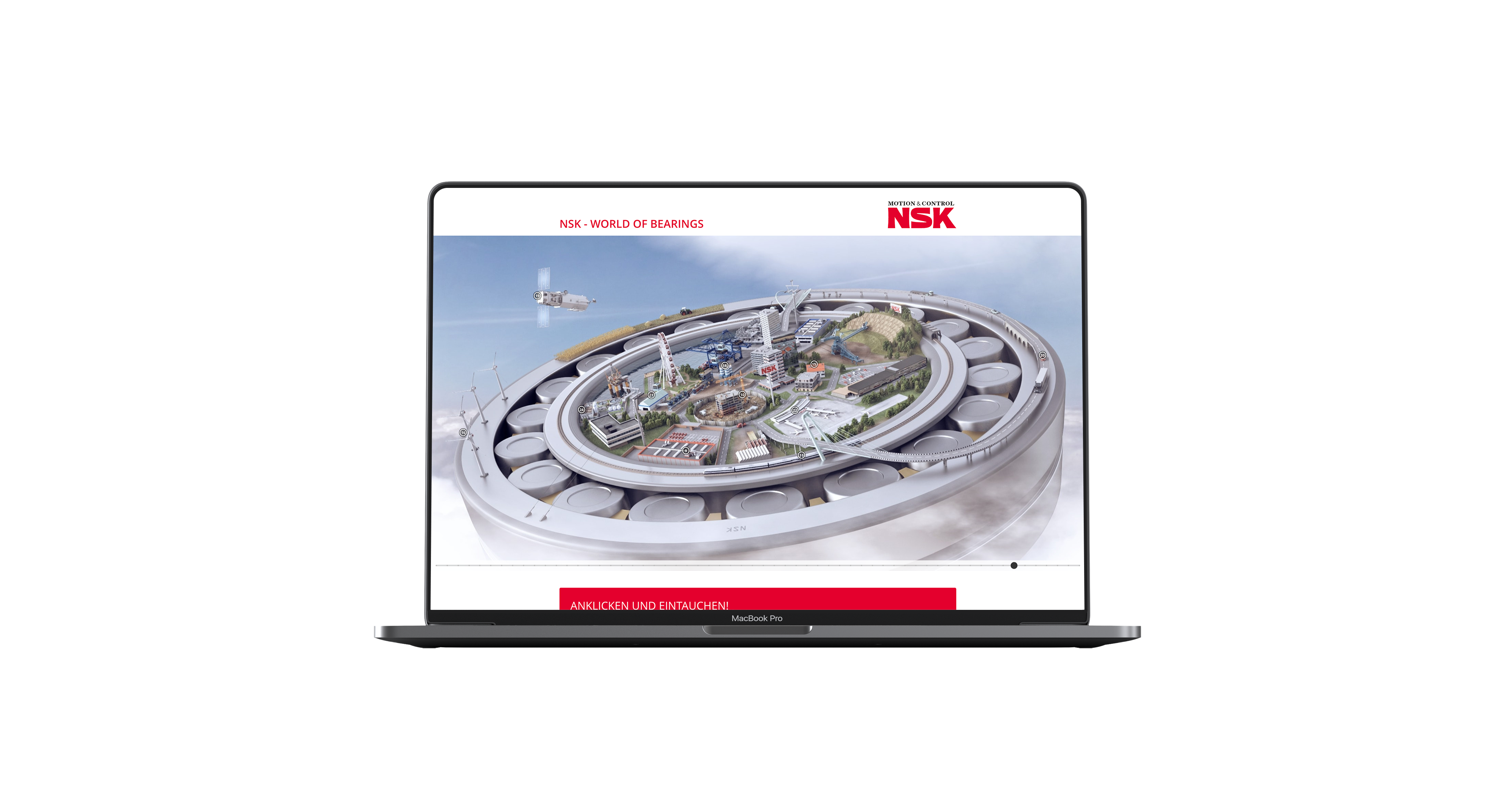 Das Bild zeigt einen Laptopmonitor. Darauf zu sehen ist der Header der WOB-Website. Man erkennt ein Kugellager als 3D Animation, das die Basis für eine Welt darstellt. Man erkennt eine Stadt, eine Autobahn, einen Acker, Windräder und einen Satelliten, der die Kugellagerwelt umkreist.