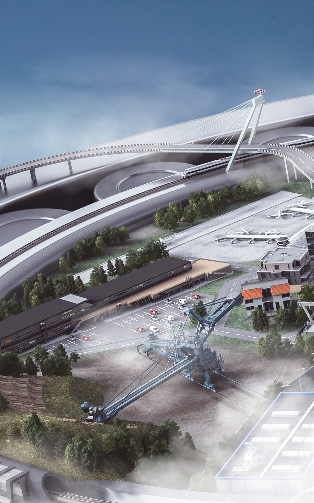 Das Bild zeigt einen Ausschnitt aus der 3D Kugellagerwelt. Darauf zentral zu sehen ist ein Braunkohletagebau. Außerdem erkennt man einen Flughafen und einen Zug.