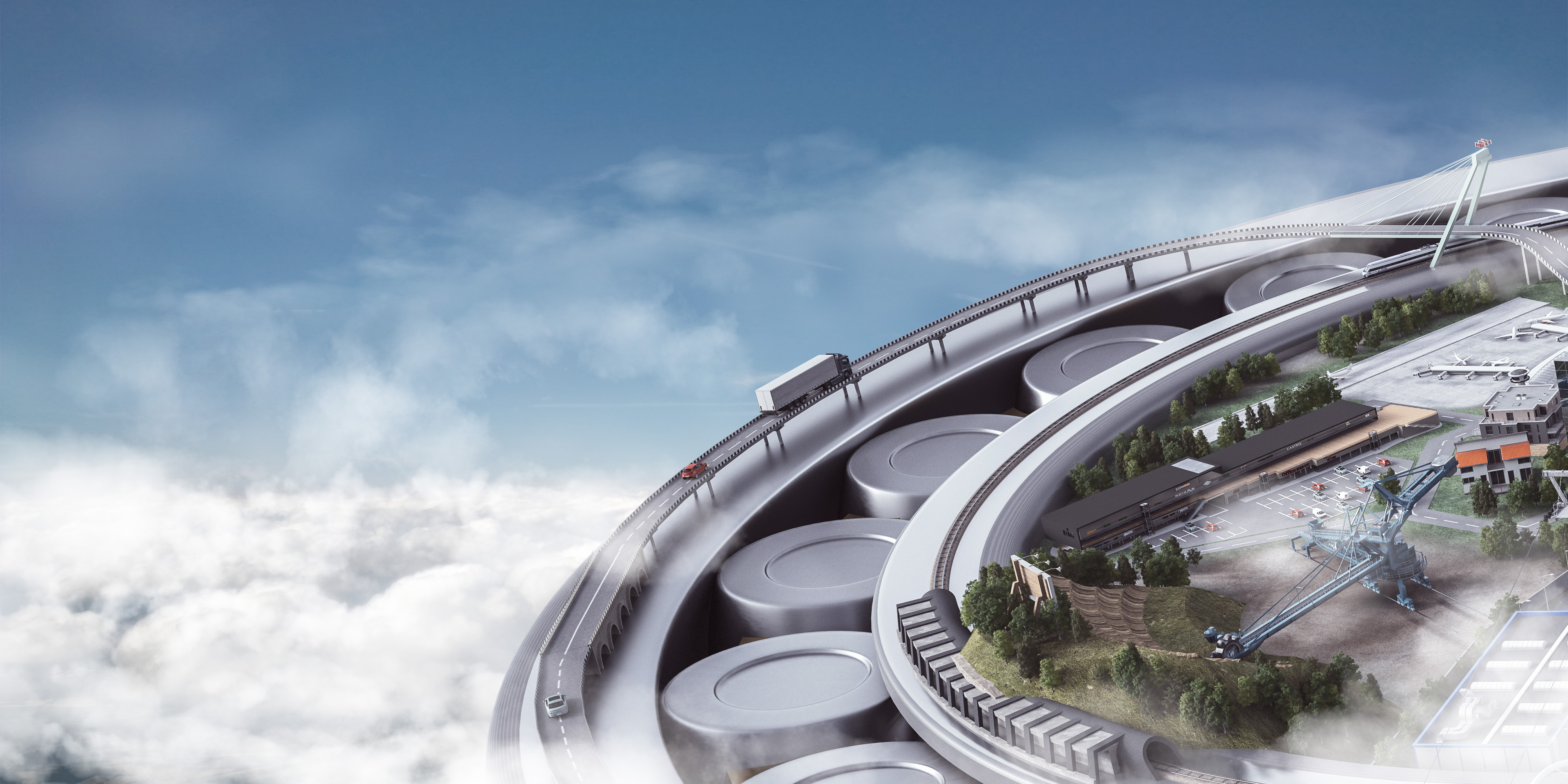 Das Bild zeigt einen Ausschnitt aus der 3D Kugellagerwelt. Darauf zentral zu sehen ist ein Braunkohletagebau. Außerdem erkennt man einen Flughafen und einen Zug.