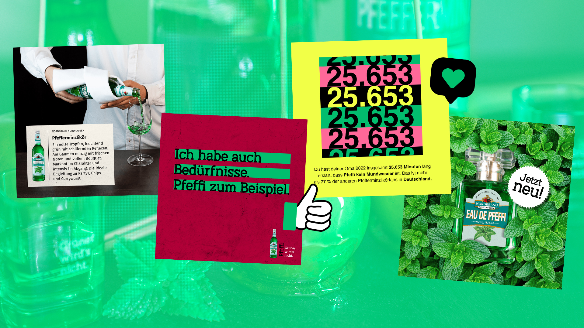 Man sieht verschiedene Pfeffi Posts auf einem grünen Hintergrund angeordnet.