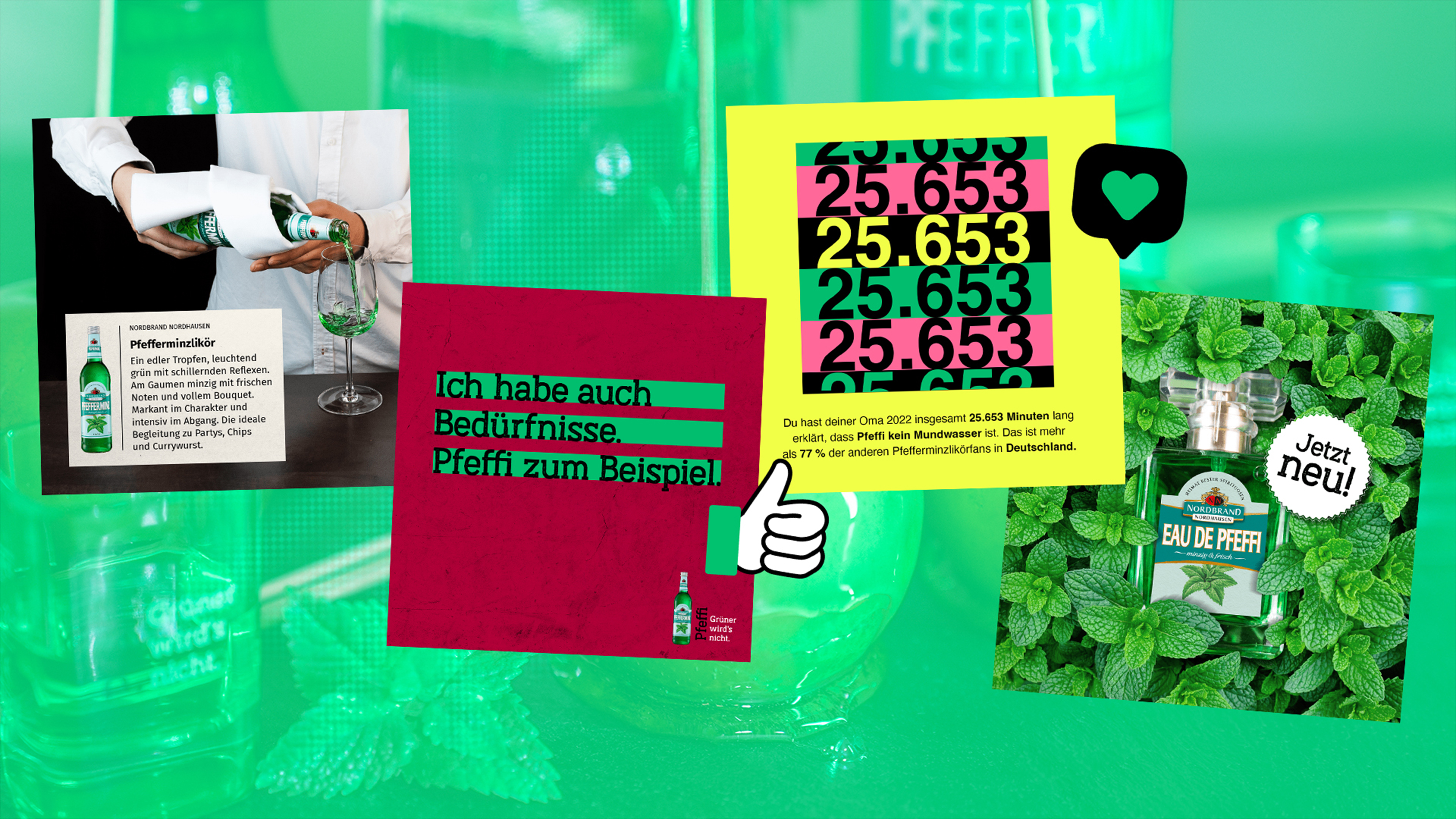 Man sieht verschiedene Pfeffi Posts auf einem grünen Hintergrund angeordnet.