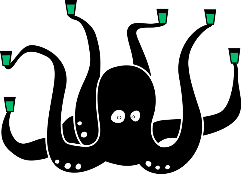Das Bild zeigt die Illustration einer Krake, die in jedem Arm ein Pfeffi Pinnchen hält.