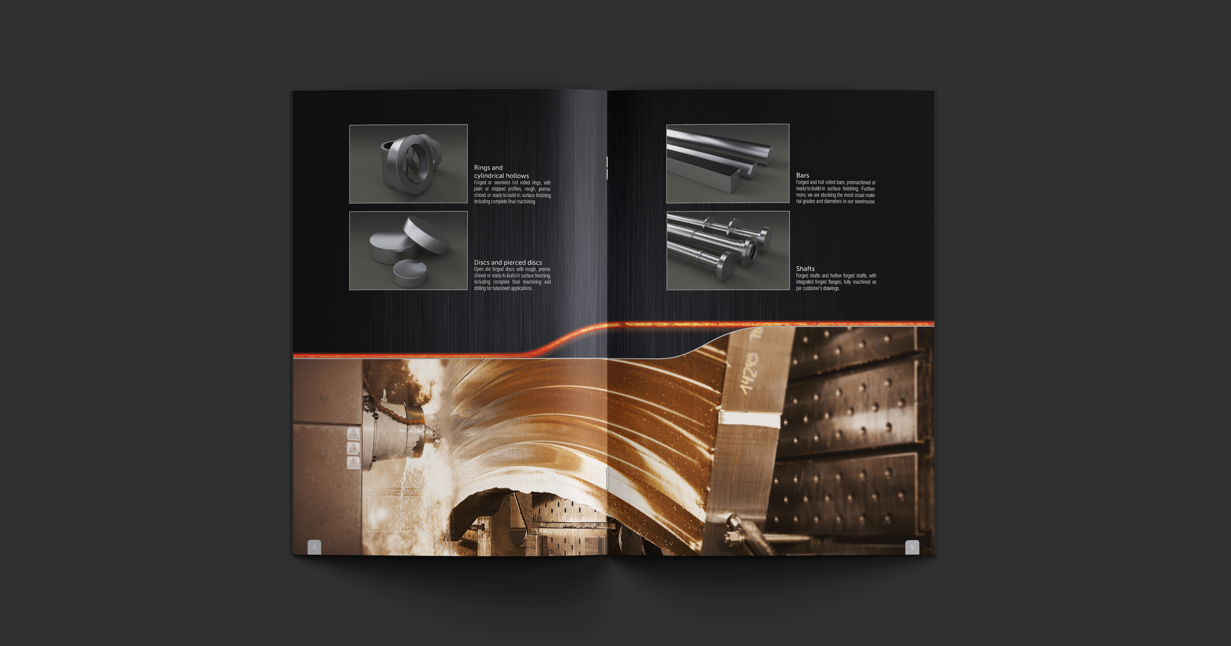 Man sieht eine Doppelseite aus dem RKind Katalog mit Bildern der einzelnen Schmiedekonturen und zugehörigem Text auf schwarz/grau schraffiertem Grund in der oberen Hälfte der Doppelseite, darunter das Bild einer der Maschinen von RKind.