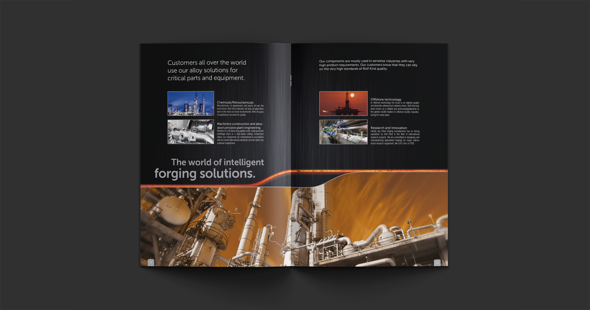 Man sieht eine Doppelseite aus dem RKind Katalog mit Bildern der einzelnen Branchen, und zugehörigem Text auf schwarz/grau schraffiertem Grund in der oberen Hälfte der Doppelseite, darunter das Bild einer Industrieanlage und die Headline: „The world of intelligent forging solutions“