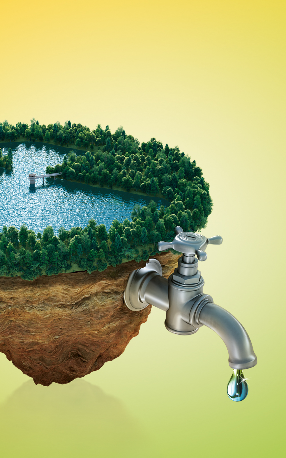 Das Bild zeigt einen See aus dem ein Wasserhahn kommt auf gelb/grünem Grund.