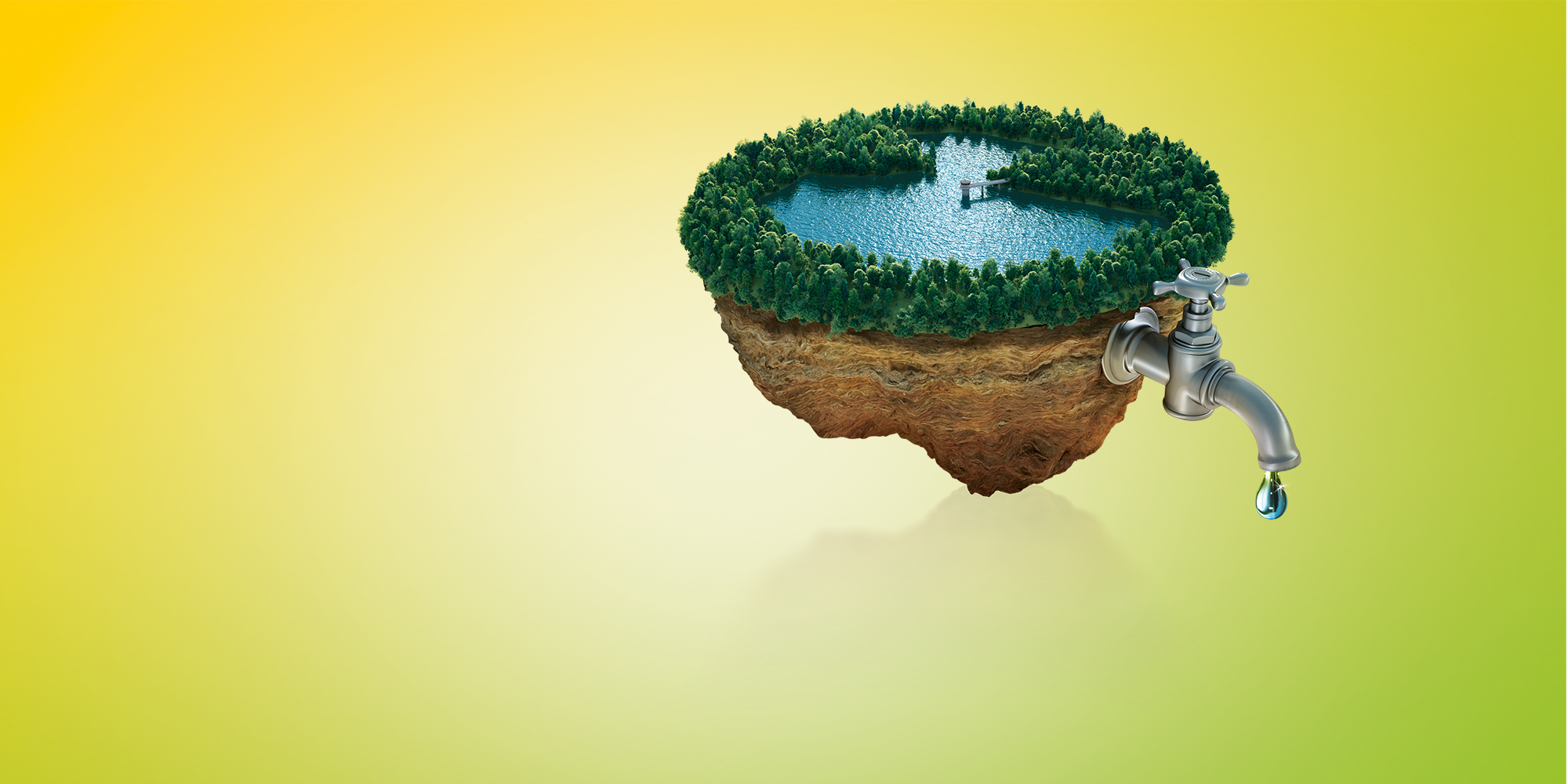 Das Bild zeigt einen See aus dem ein Wasserhahn kommt auf gelb/grünem Grund.