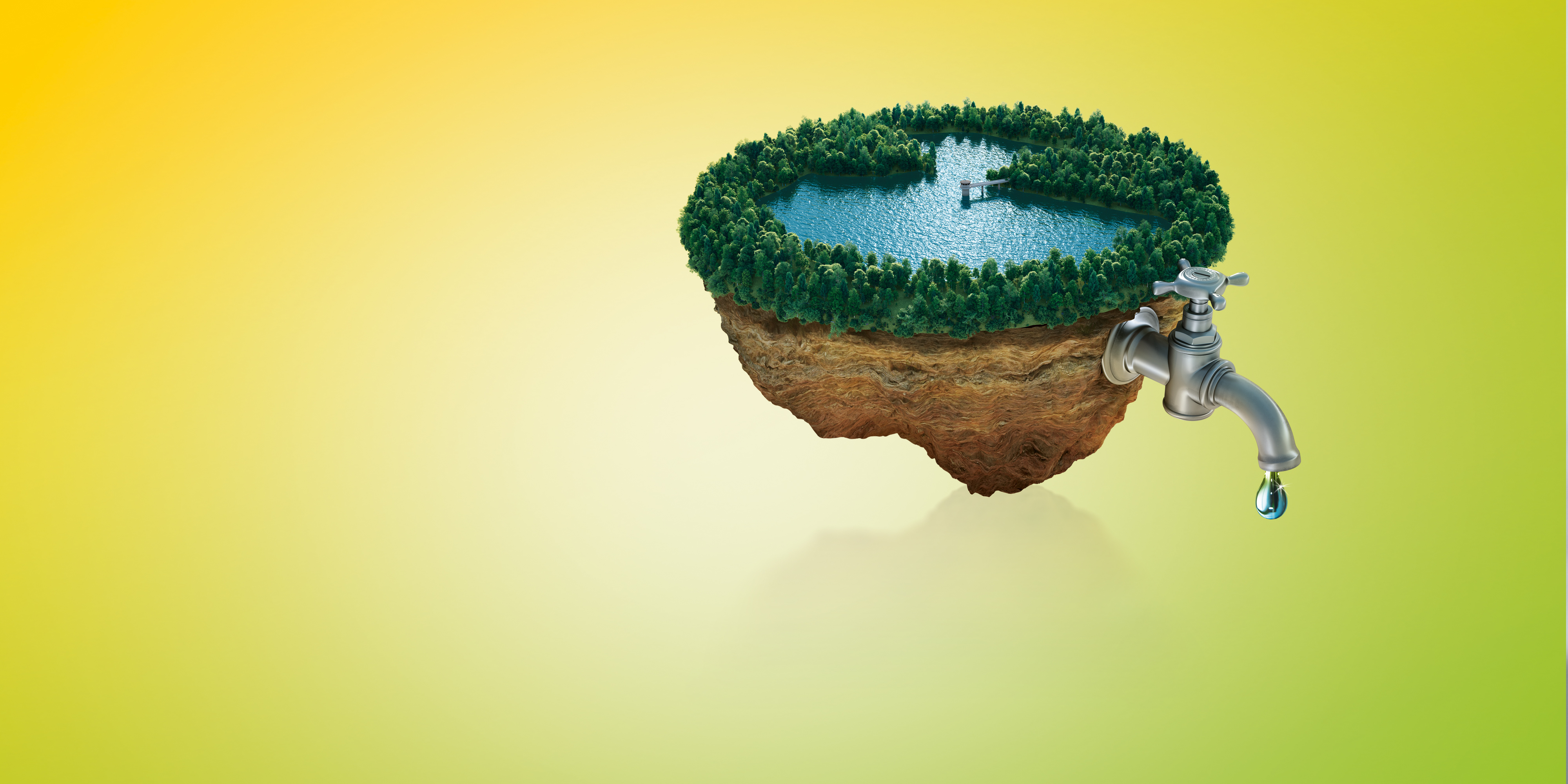 Das Bild zeigt einen See aus dem ein Wasserhahn kommt auf gelb/grünem Grund.