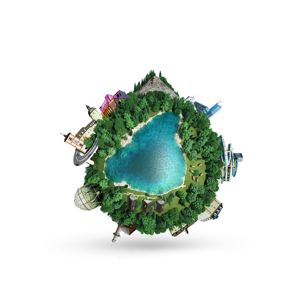 Man sieht eine Weltkugel auf der zentral ein See zu sehen ist. Darum herum mehrere Bauwerke, die mit der Region Siegen-Wittgenstein assoziiert werden.