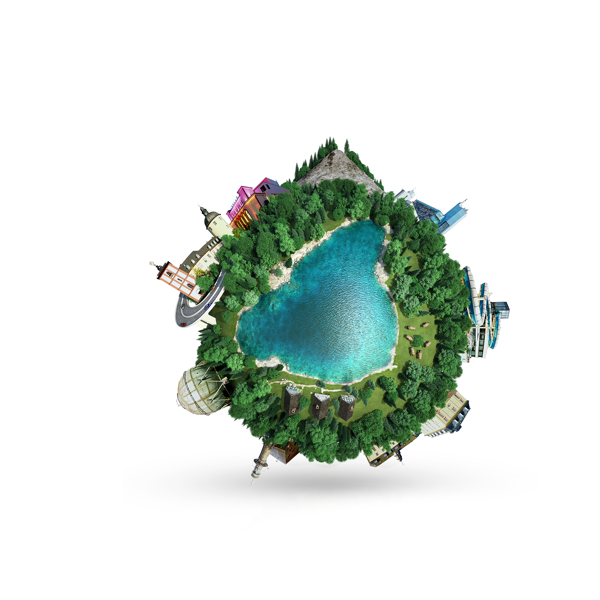 Man sieht eine Weltkugel auf der zentral ein See zu sehen ist. Darum herum mehrere Bauwerke, die mit der Region Siegen-Wittgenstein assoziiert werden.